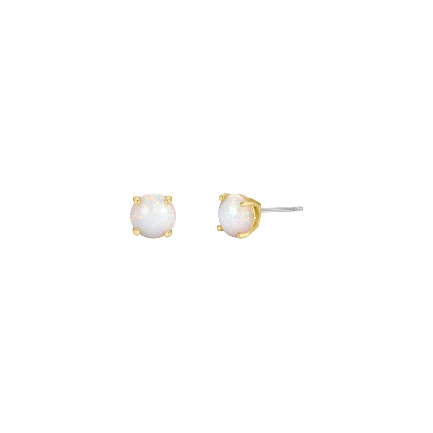Round Gemstone Gold Earrings - White Opal Pair of opal earrings with gold accents on a white background