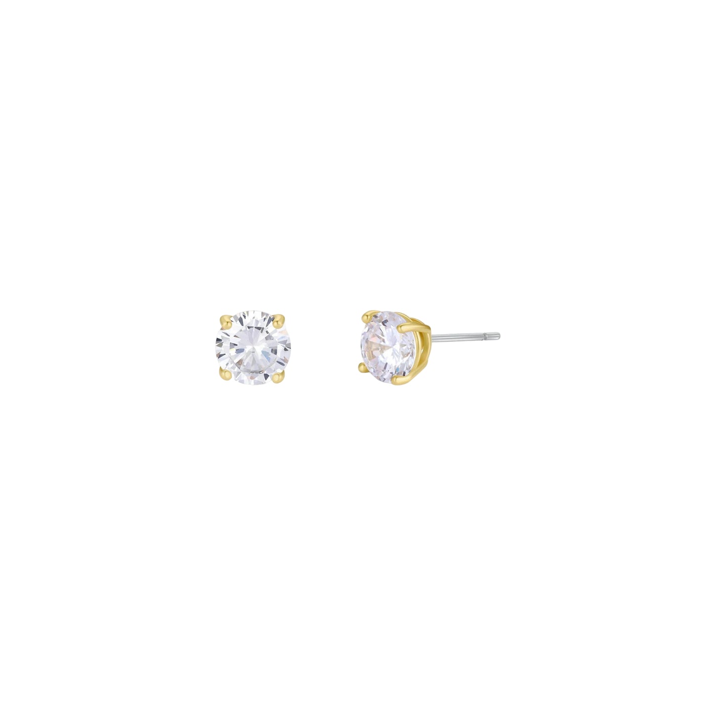 Round Gold EarringsPair of gold and silver clear diamond stud earrings on a white background