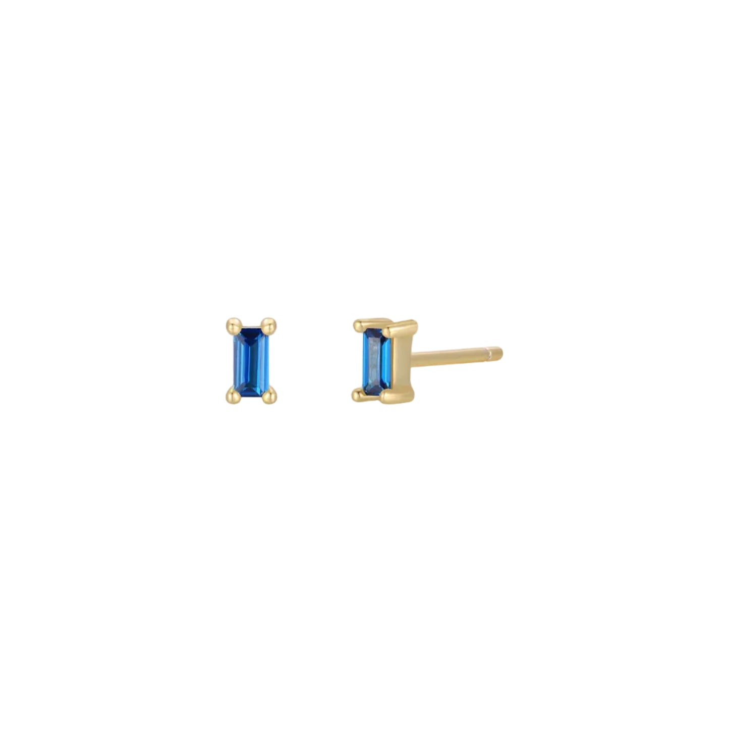 Sapphire Baguette Gold Earrings with blue gemstones on a white background