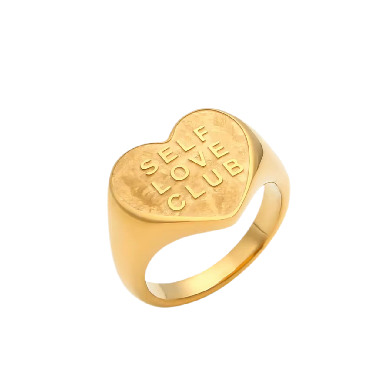 A gold-colored stainless steel ring with the inscription 'Self Love Club' on the top heart-shaped surface.