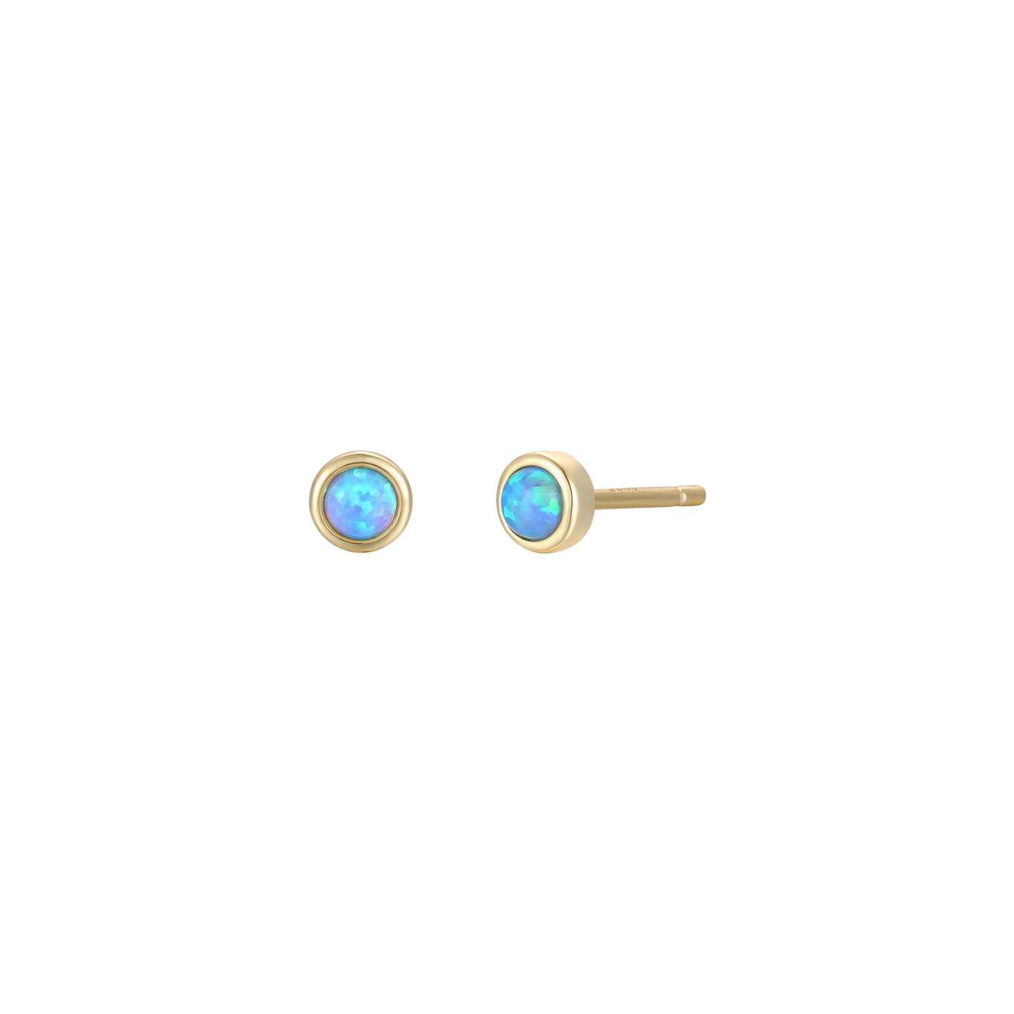 Simple Gold Stud - Fire Opal Pair of gold earrings with blue gemstones on a white background