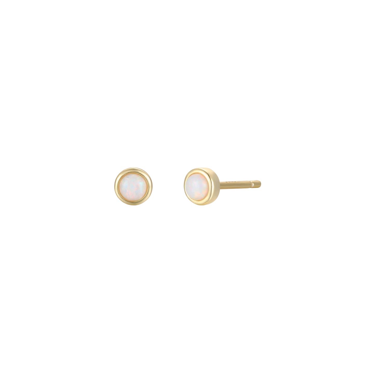 Simple Gold Stud - White Opal Pair of gold earrings with white gemstones on a white background