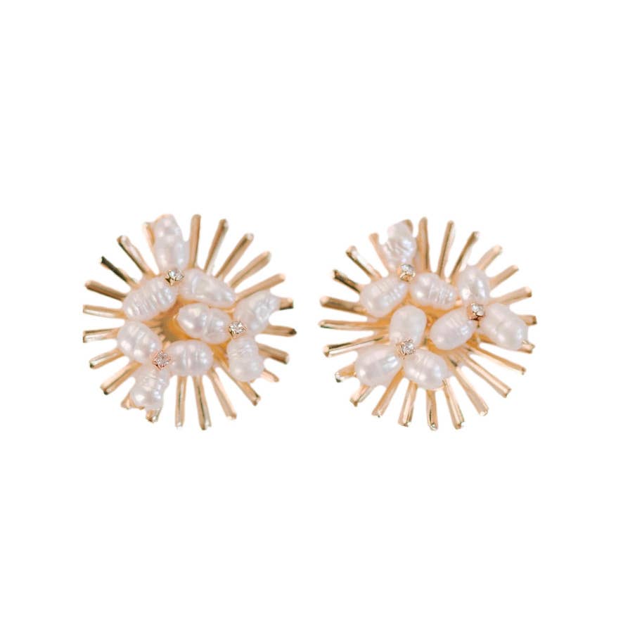 Sunburst Pearl Statement Stud Earrings Pair of gold and pearl earrings on a white background