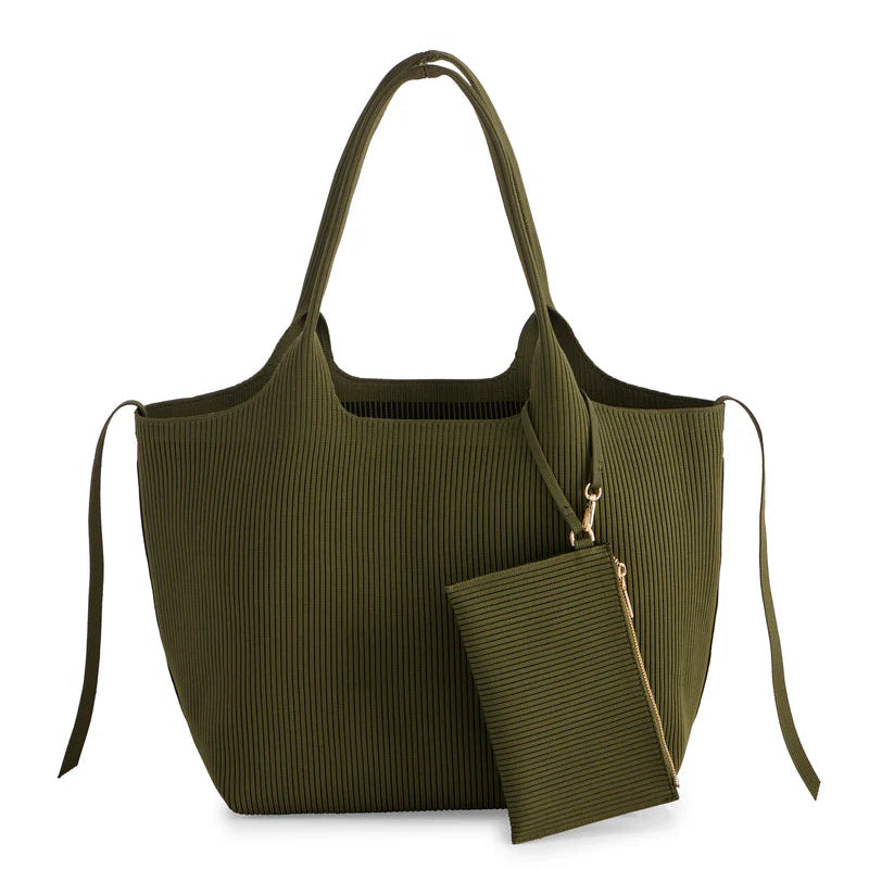 The Debbie Tote Bag Olive Green handbag with matching pouch on a white background