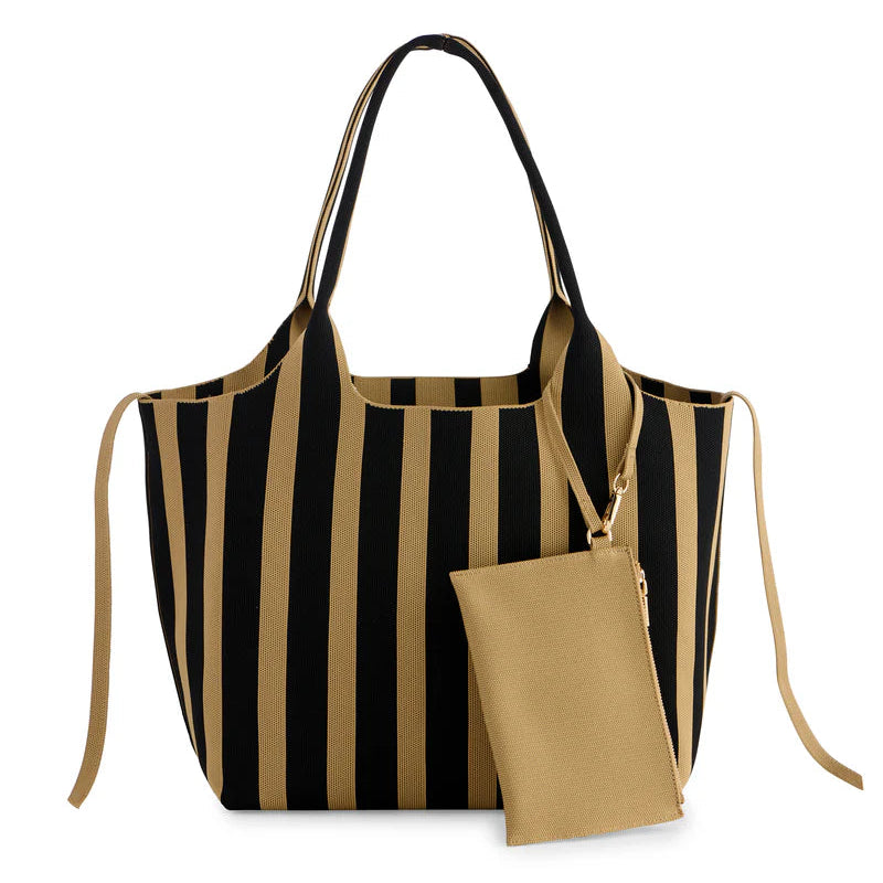 The Debbie Tote Bag Striped Black and Tan Black and beige striped tote bag with a matching pouch on a white background
