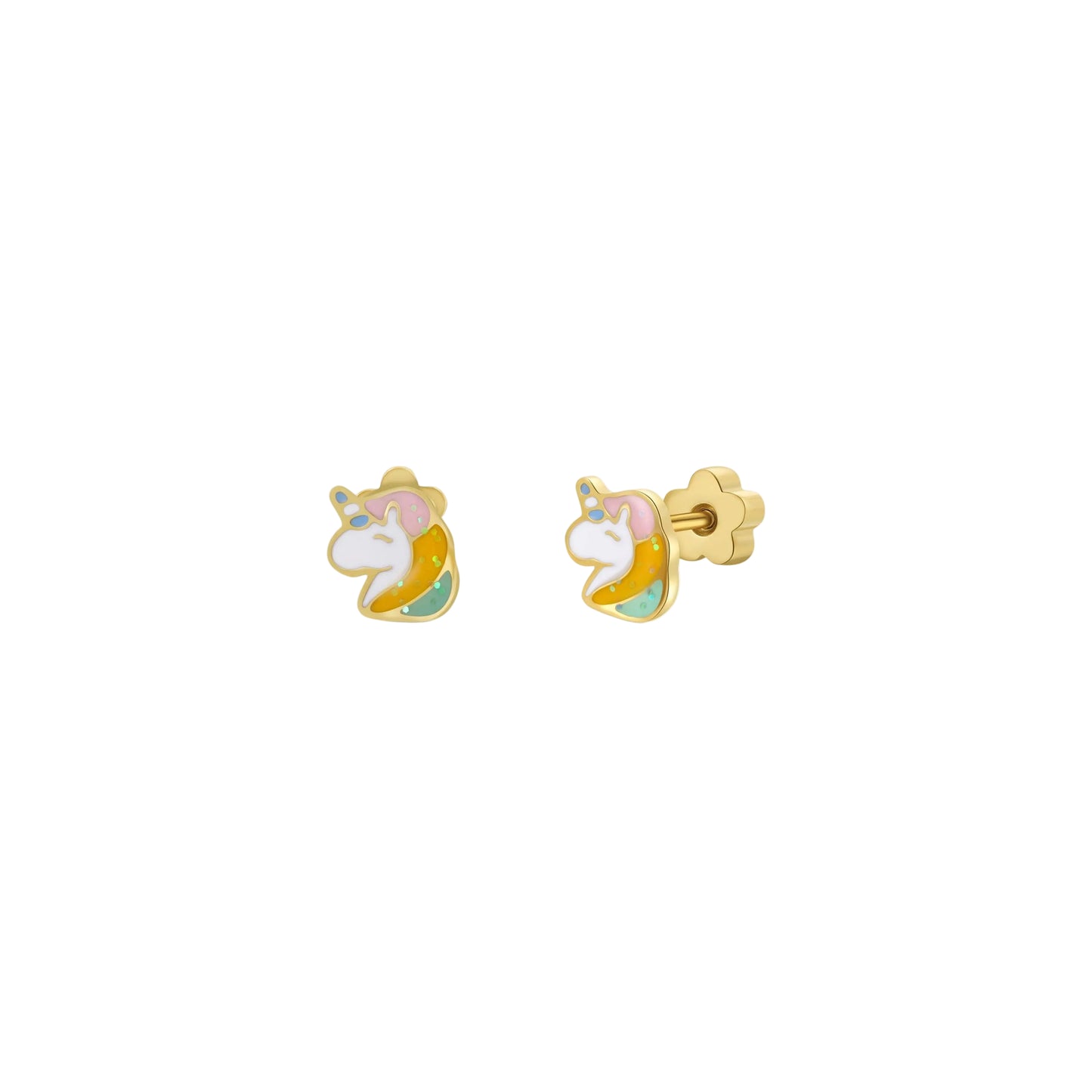 Unicorn-shaped earrings on a white background - Unicorn Flat Back Kids Earrings