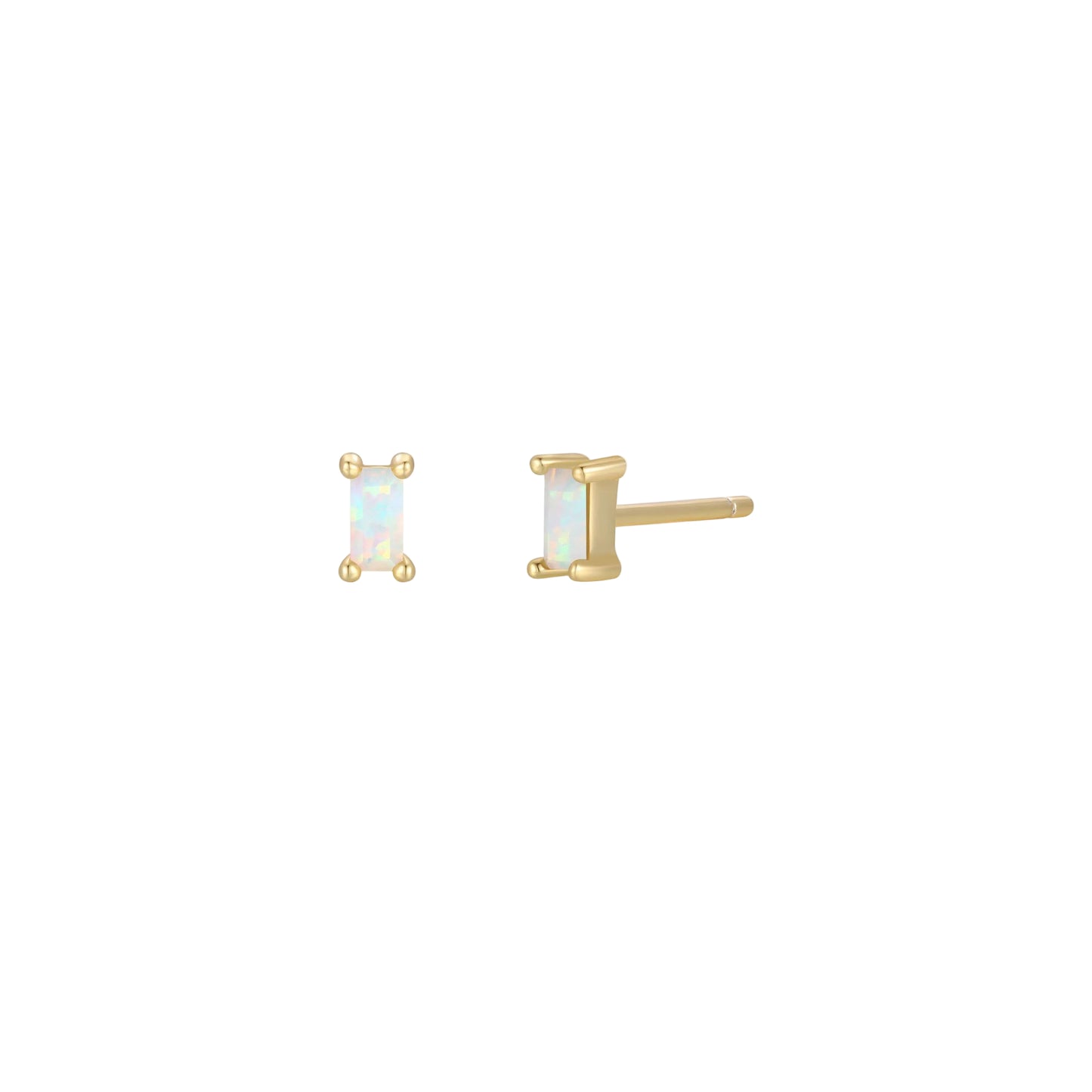 Pair of White Opal Baguette Earrings on a white background