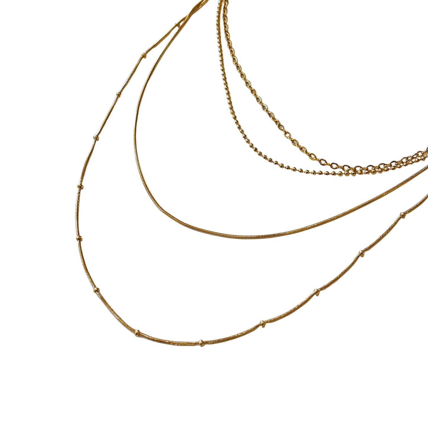 Gold Strand Layer Necklace is one necklace with four different gold chains of different lengths on a light background