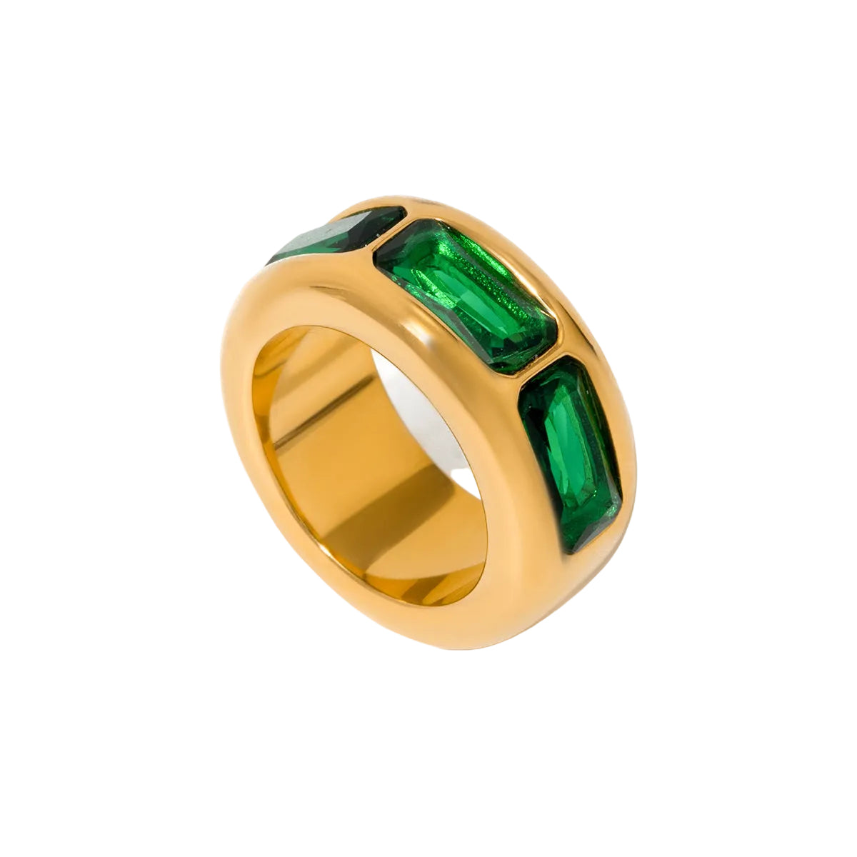 vintage style Gold ring with green gemstones on a white background