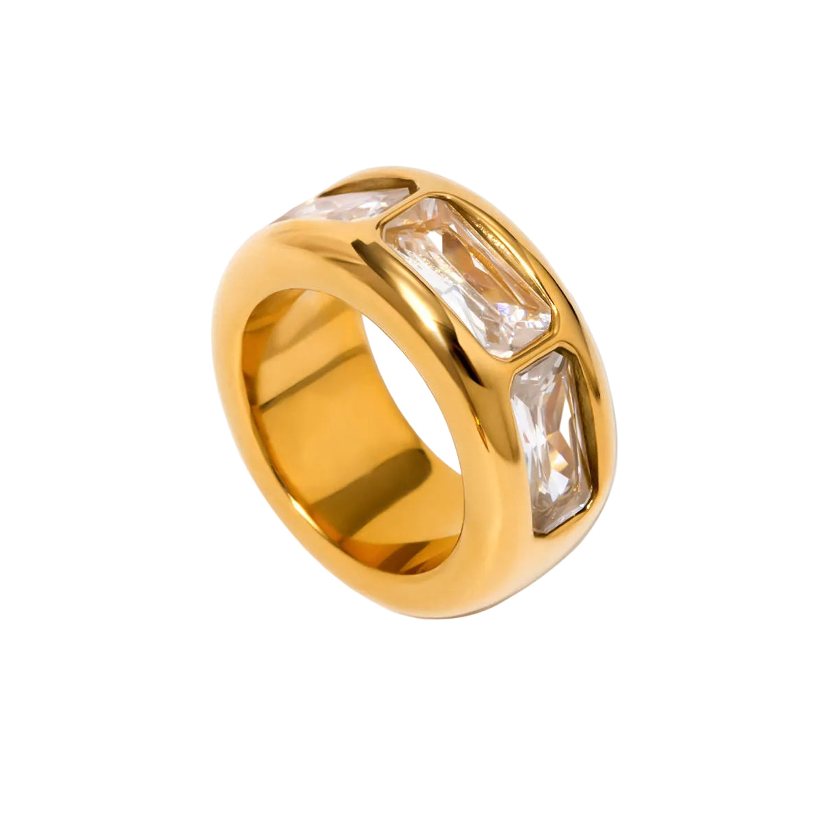 stainless steel Gold ring with clear gemstones on a white background