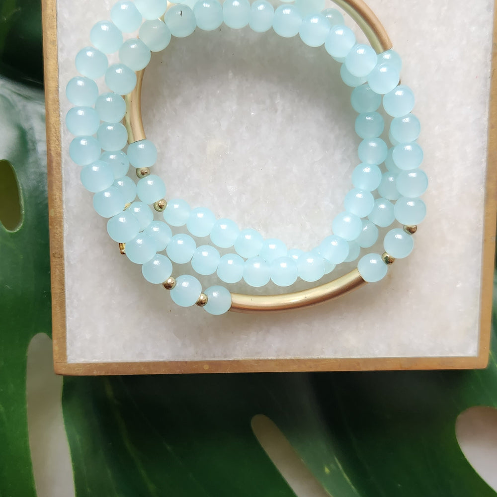 Alexis Glossy and Gold Beaded Wrap Bracelet Light Blue