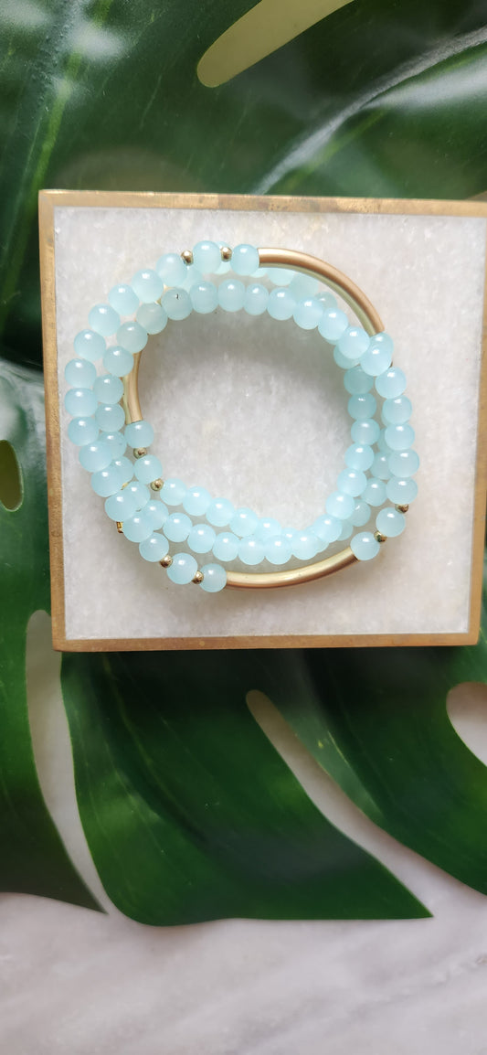 Alexis Glossy and Gold Beaded Wrap Bracelet Light Blue