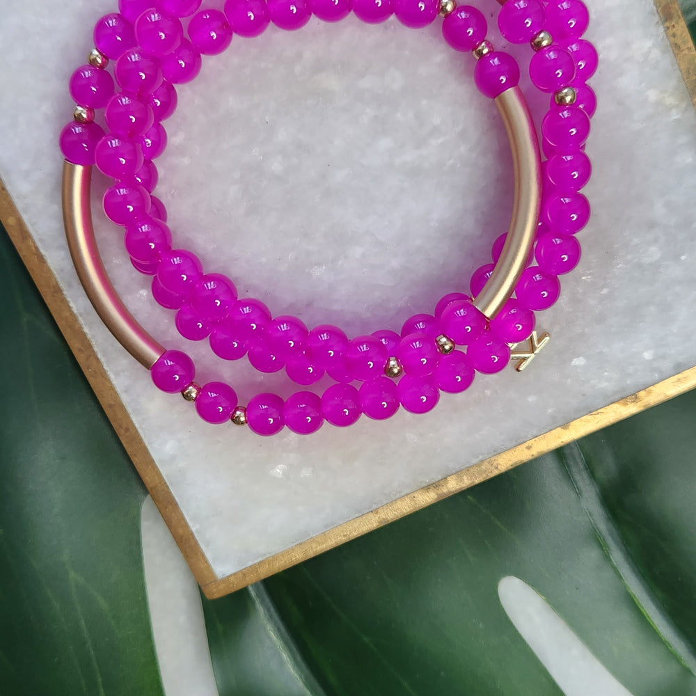 Alexis Glossy and Gold Beaded Wrap Bracelet Hot Pink