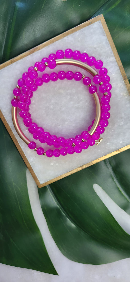 Alexis Glossy and Gold Beaded Wrap Bracelet Hot Pink