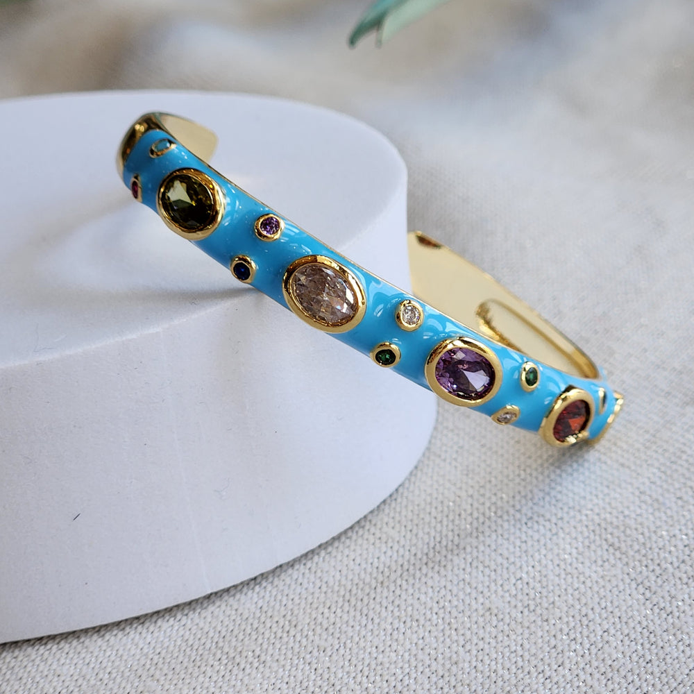 Tami Light Blue Enamel Cuff With Multicolor Cz Studs