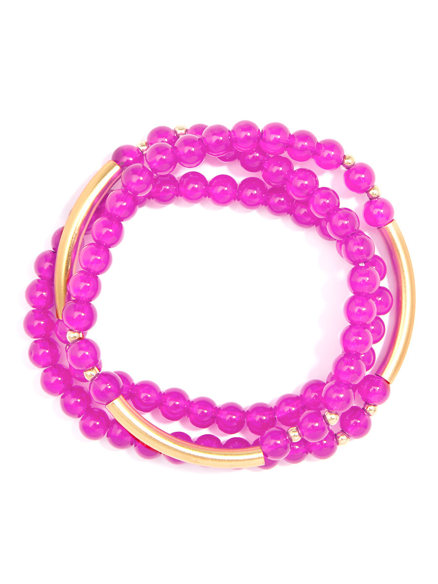 Alexis Glossy and Gold Beaded Wrap Bracelet Hot Pink